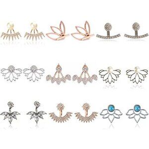 9 Pairs Lotus Flower Earrings Set Rose Gold Silver Crystal Pearl Turquoise Studs